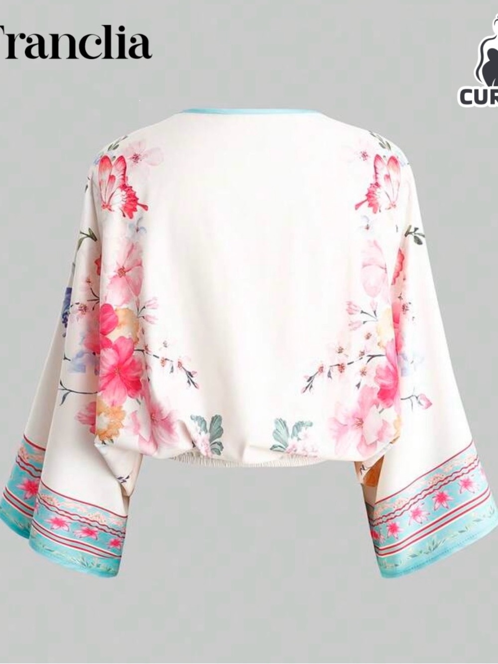 SHEIN, Ladies, White Floral Tie-Front Kimono Blouse with Turquoise Trim XL NEW - Picture 2 of 9